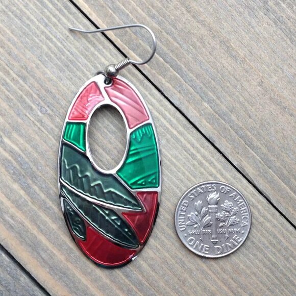 Vintage Edgar Berebi Oval Tropical Red Green Enamel Silver Tone Drop Earrings - Picture 2 of 7